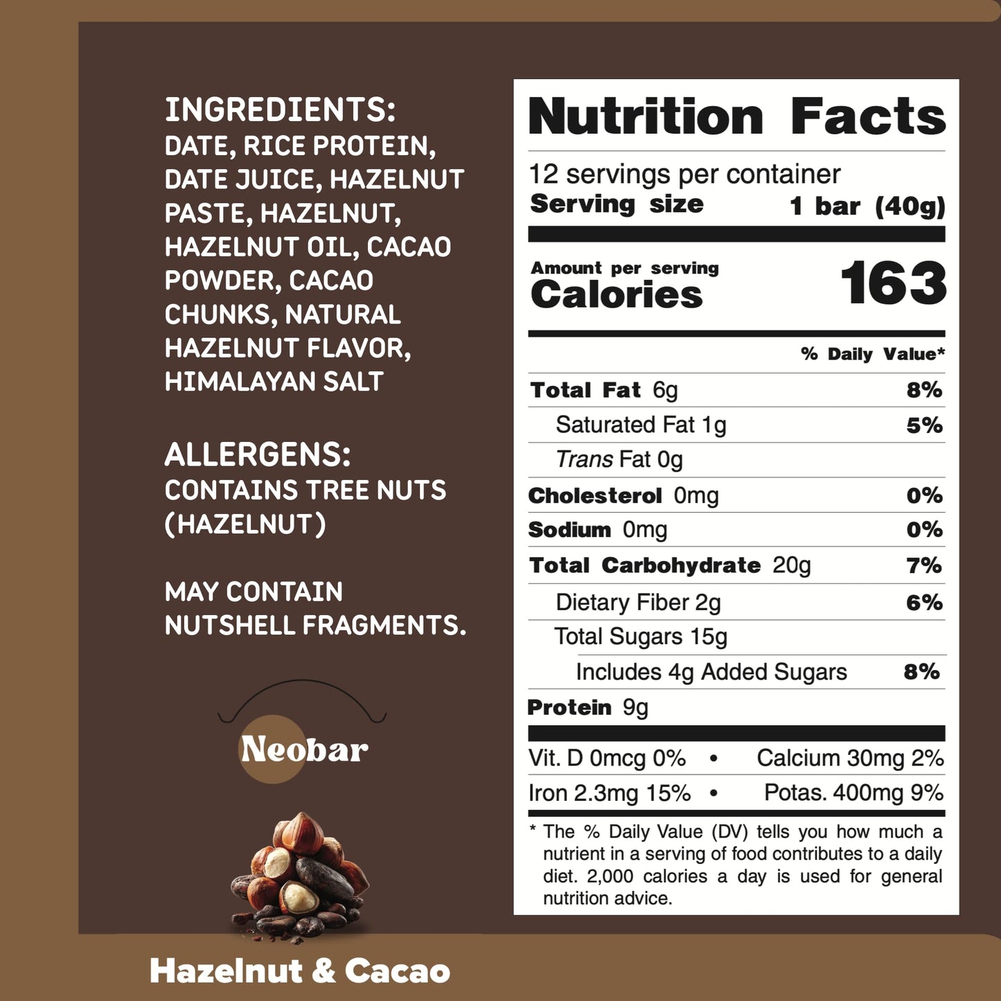 NEOBAR 9g Plant-Based Protein Hazelnut & Cacao Fruit and Nut Bars - Vegan Snack Bars, Gluten Free Dairy Free Snacks, No Preservatives, No Refined