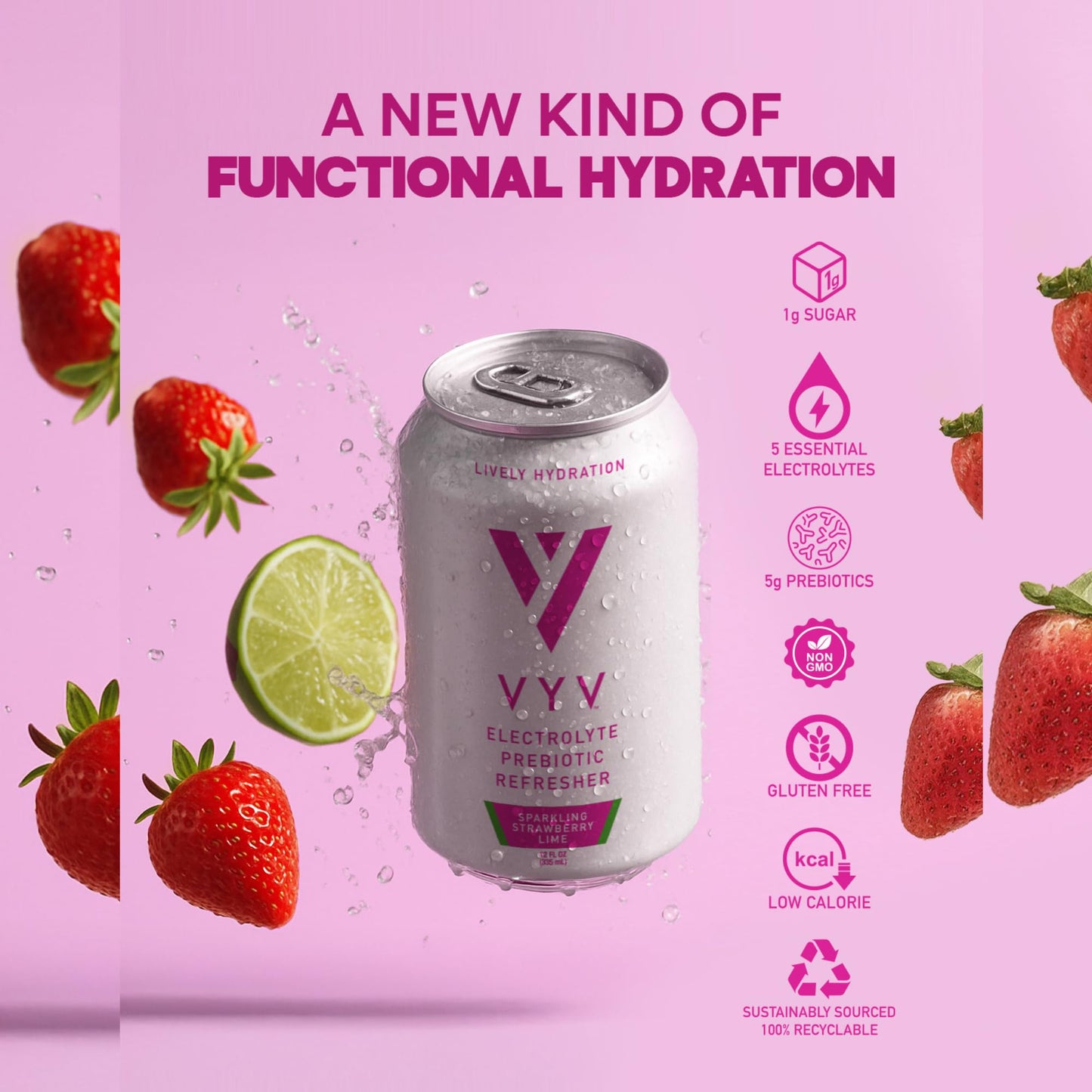 VYV Sparkling Strawberry Lime Hydration - Electrolytes + 5g Prebiotic Fiber, 1g Sugar, Real Juice, Non-GMO, Gluten Free, Plant-Based - 12 fl oz Cans