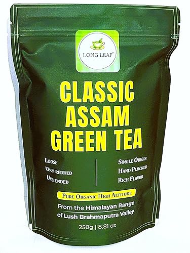 CLASSIC ASSAM GREEN TEA, Green Tea, Loose Leaf (250g/8.81oz)/100 Cups | Non-GMO, 100% Pure Organic Green Tea Leaves Sourced from Lush Brahmaputra
