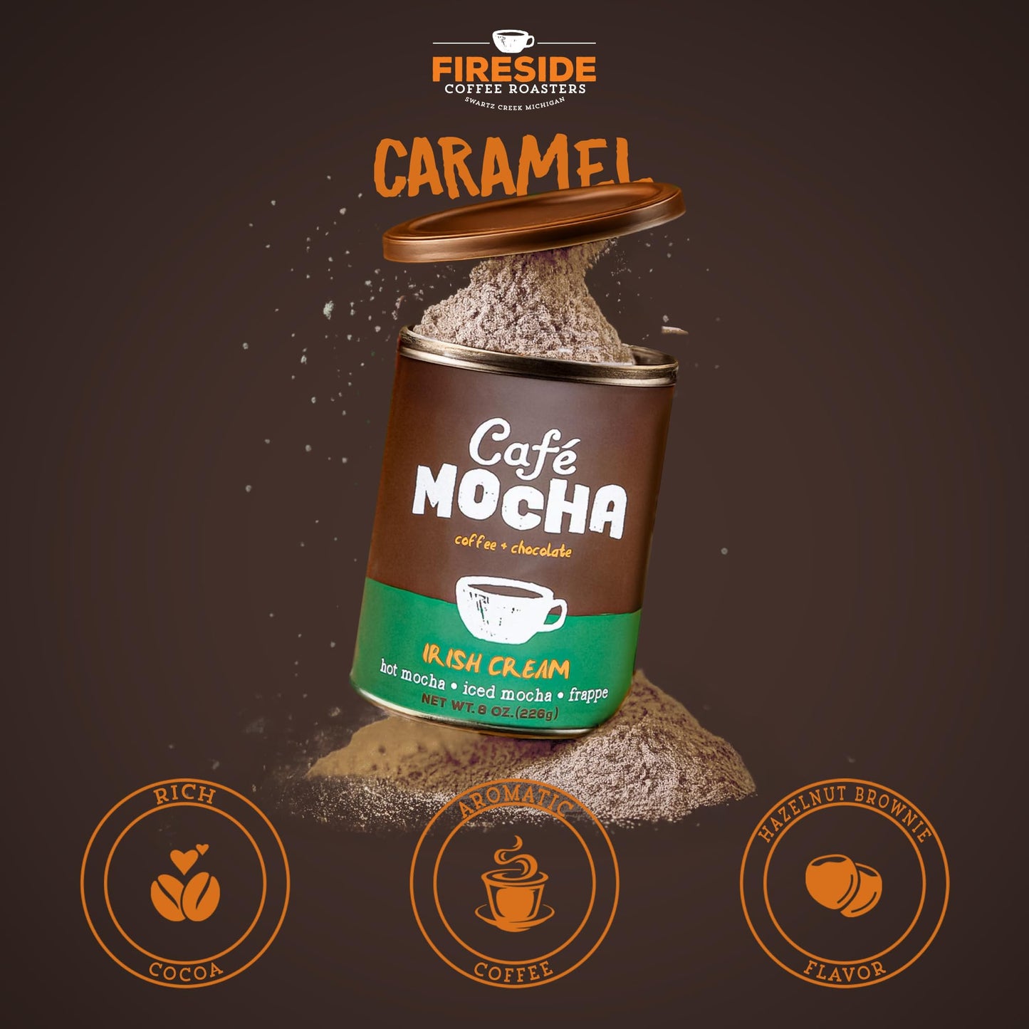 Fireside Coffee Irish Cream Cafe Mocha - Premium Instant Coffee Chocolate Blend - Versatile Caffeinated Drink Mix for Hot, Iced, Milkshake, and Mocha