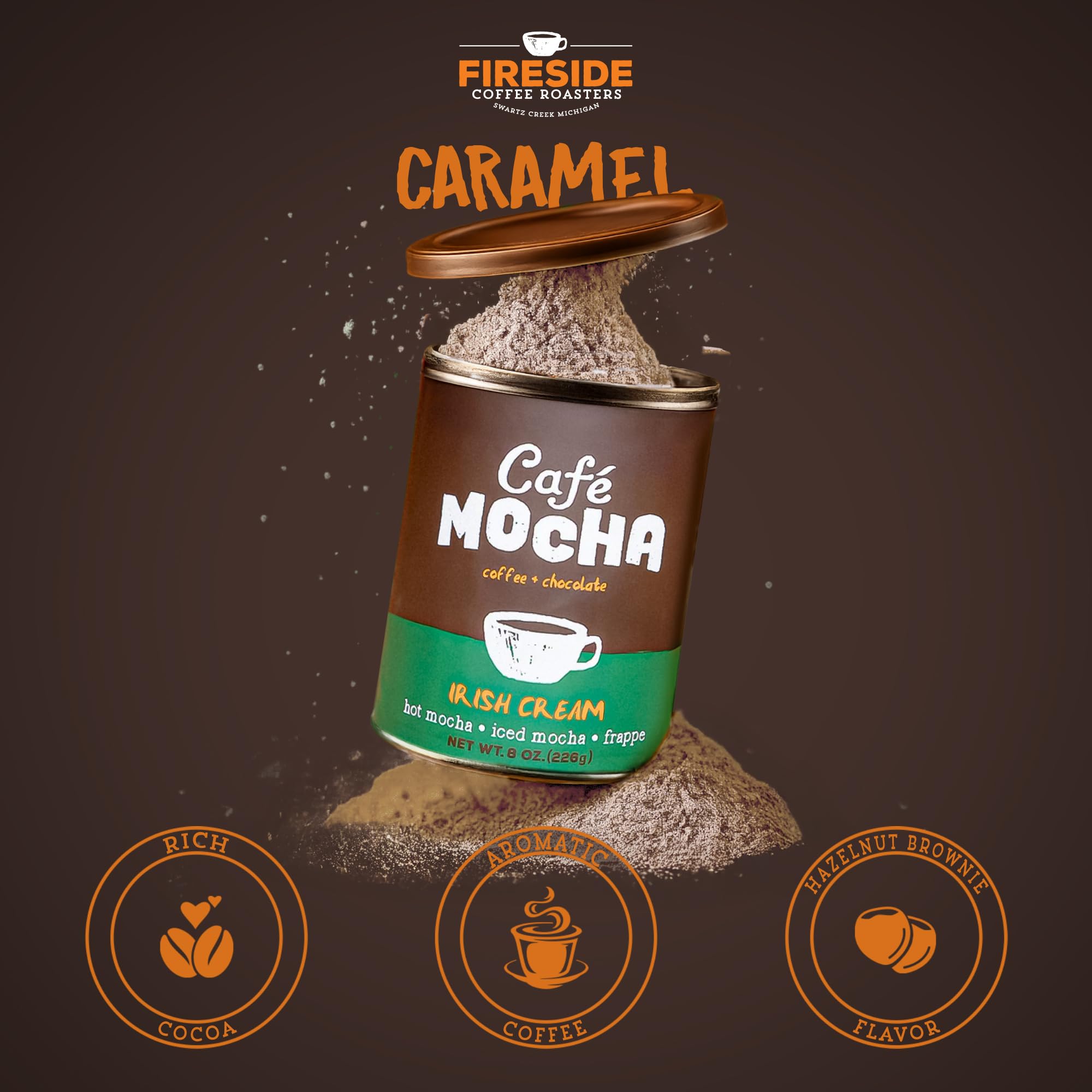 Fireside Coffee Irish Cream Cafe Mocha - Premium Instant Coffee Chocolate Blend - Versatile Caffeinated Drink Mix for Hot, Iced, Milkshake, and Mocha