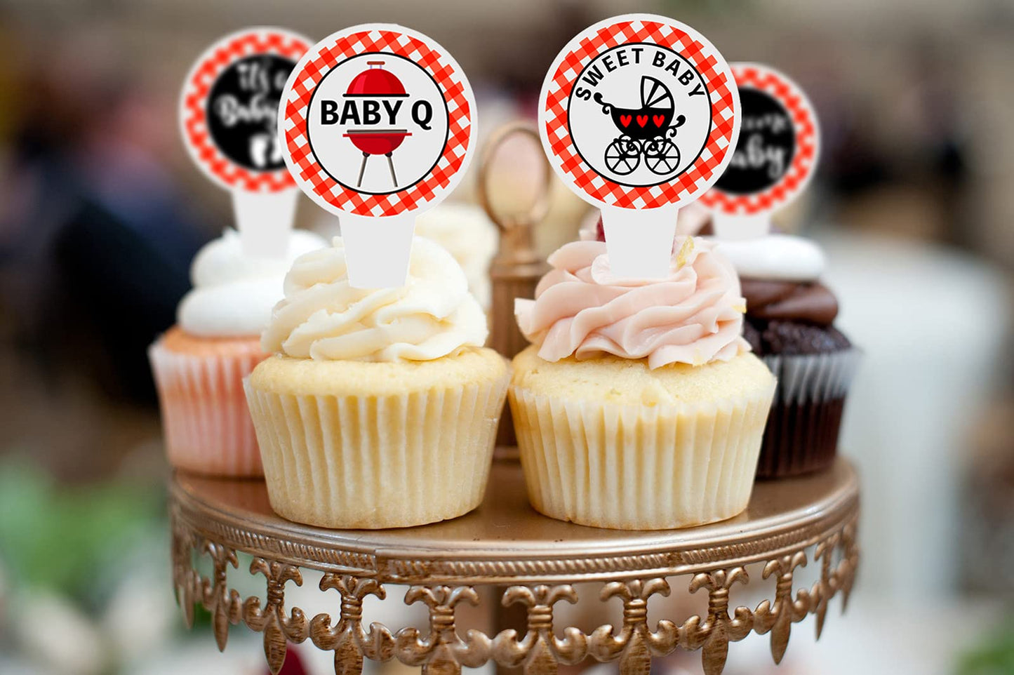 Deneo 40 Pcs Baby Q Cupcake Topper - Pastel Patterned, 2" x 3.2", Perfect for Baby Shower, Birthday, Summer Barbecue & Picnic Parties