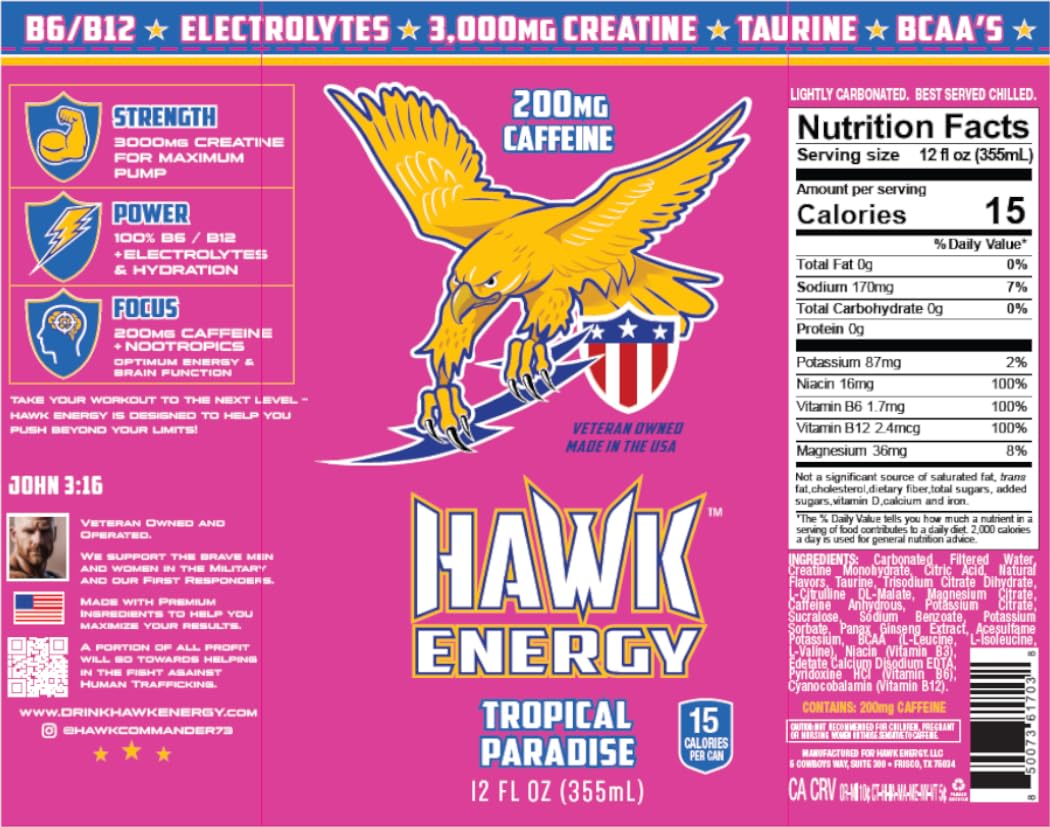 HAWK ENERGY PERFORMANCE - TROPICAL PARADISE - Premium Sugar Free Energy Drink - 12 Pack - 12 oz cans - Focus and Power - 3000mg Creatine, 200mg