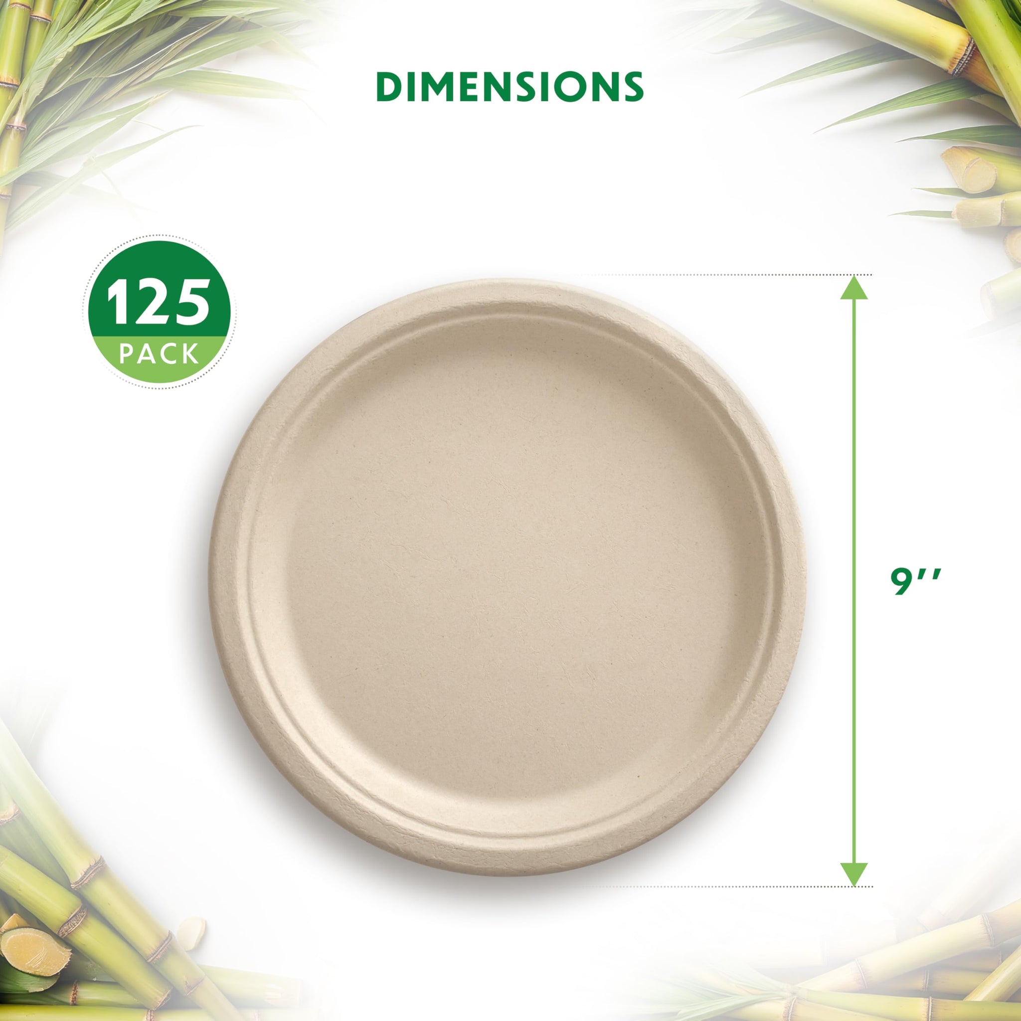 Compostable Plates, Disposable Heavy Duty Paper Plates - [125 Count] 9 Inch, Unbleached Biodegradable, Made of Natural Sugarcane Bagasse, Brown
