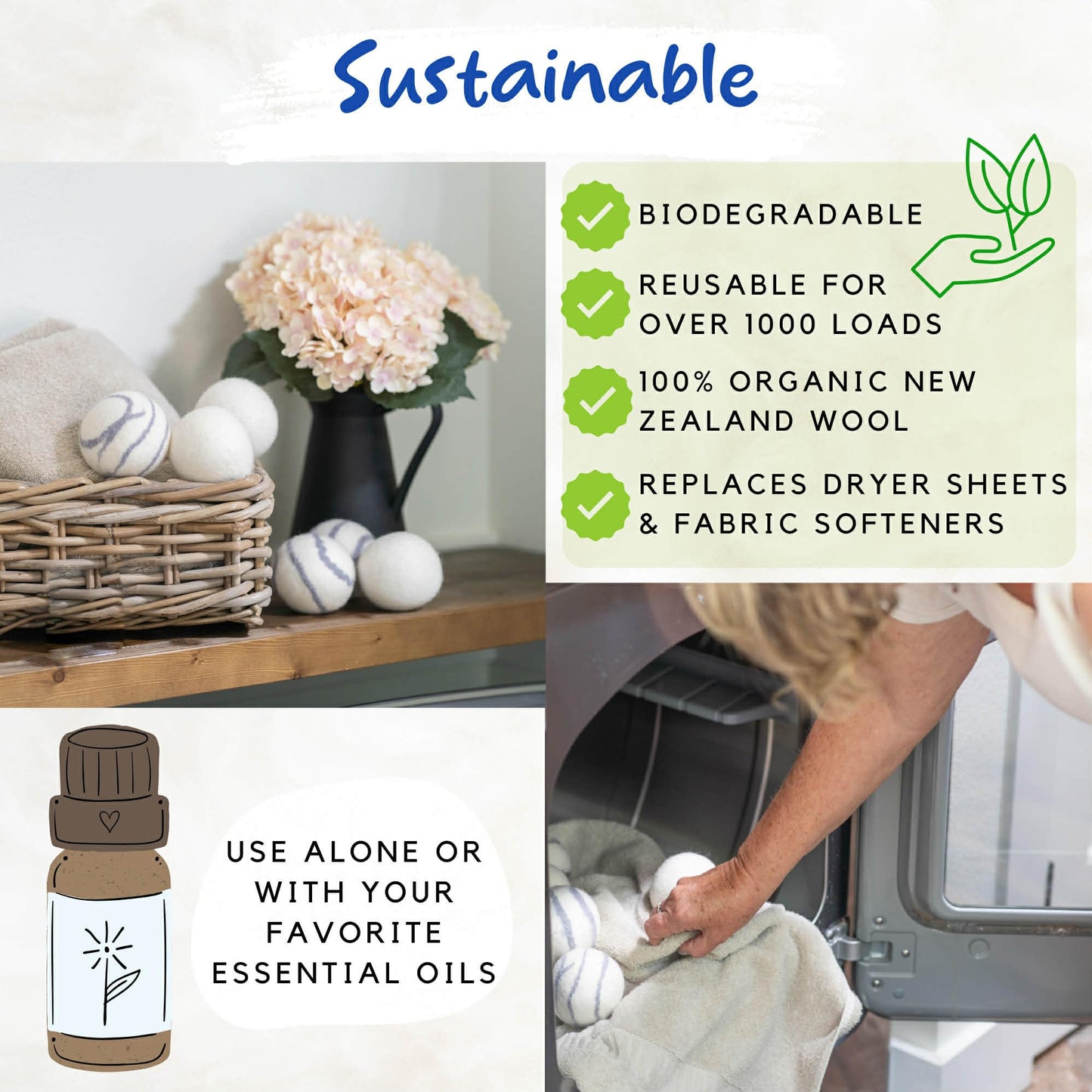 Organic Wool Dryer Balls Laundry Reusable (Set of 6) XL - 100% Pure New Zealand Wool - Natural Anti Static Fabric Softener Balls