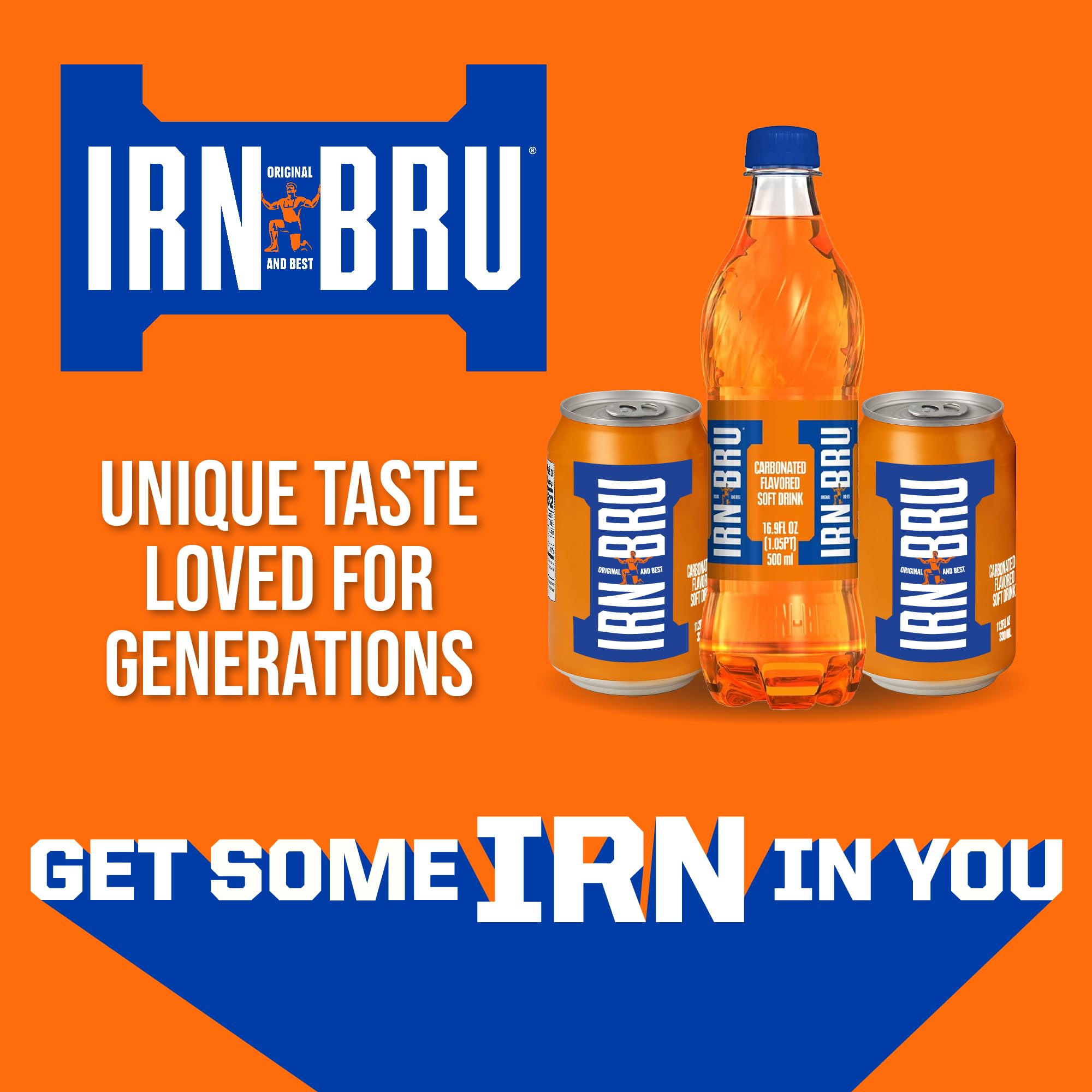 IRN-BRU Original Scottish Sparkling Soda, Citrus Flavored Carbonated Drink - Sparkling Flavored Soft Drink, 32 Flavor Recipe, 16.9 fl oz Bottles, Pack