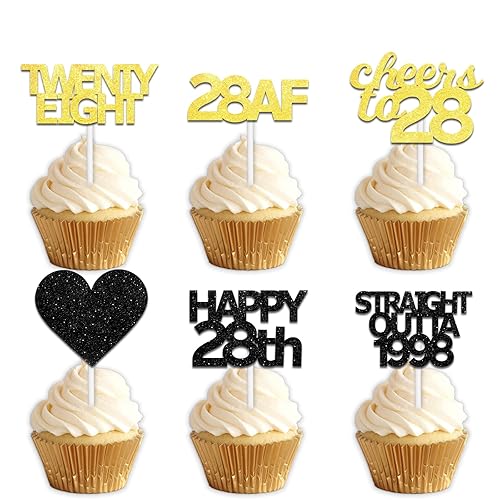 18pcs Black Gold Glitter Dessert Cupcake Pick for Straight Outta 1998 Cheer to 28 Years Old Theme Decor Supplies Happy 28th Birthday Party Decoration