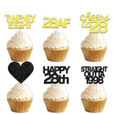 18pcs Black Gold Glitter Dessert Cupcake Pick for Straight Outta 1998 Cheer to 28 Years Old Theme Decor Supplies Happy 28th Birthday Party Decoration