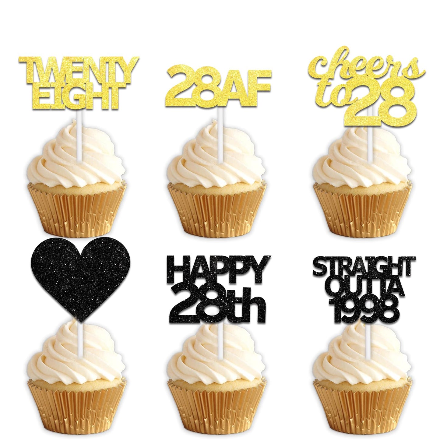 18pcs Black Gold Glitter Dessert Cupcake Pick for Straight Outta 1998 Cheer to 28 Years Old Theme Decor Supplies Happy 28th Birthday Party Decoration