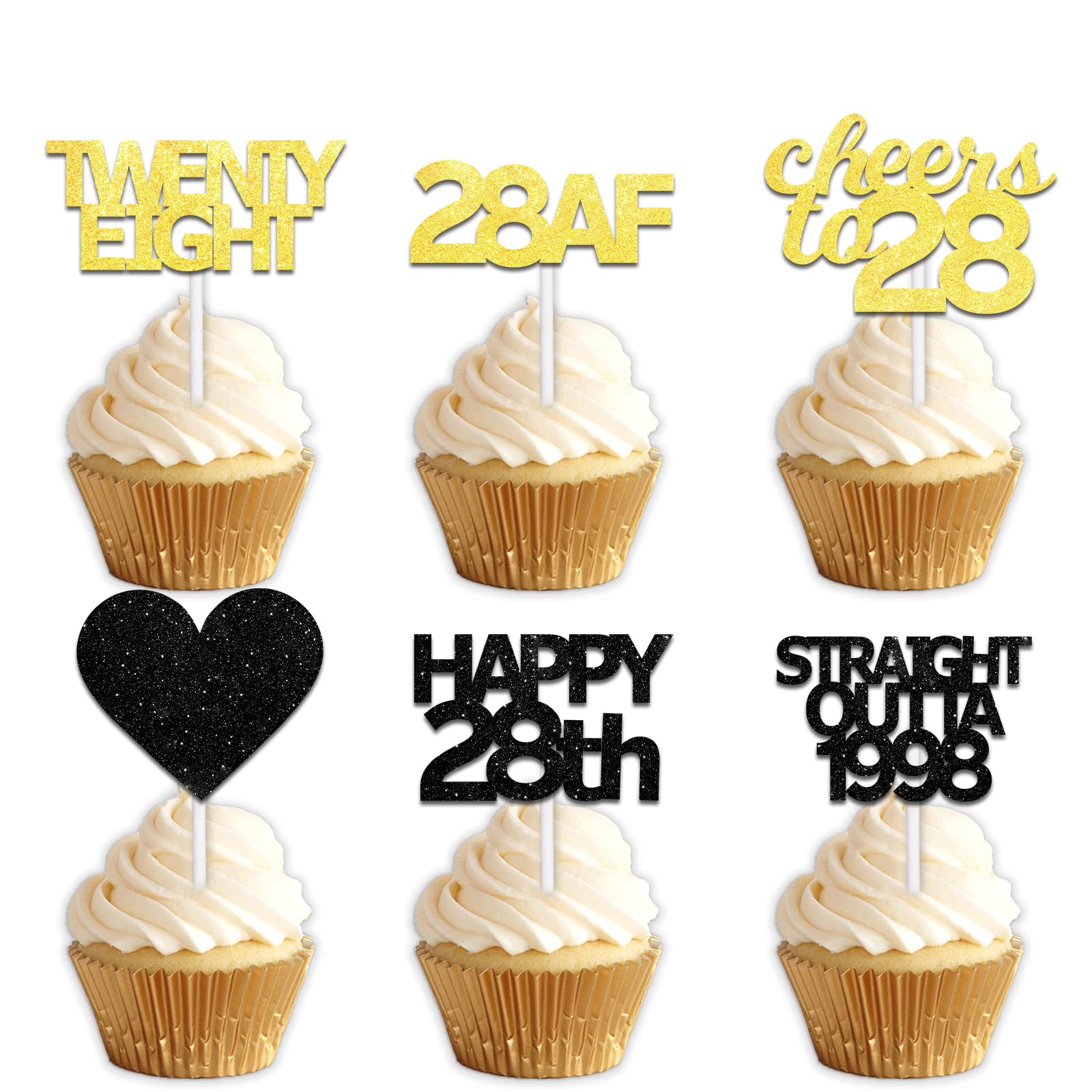 18pcs Black Gold Glitter Dessert Cupcake Pick for Straight Outta 1998 Cheer to 28 Years Old Theme Decor Supplies Happy 28th Birthday Party Decoration