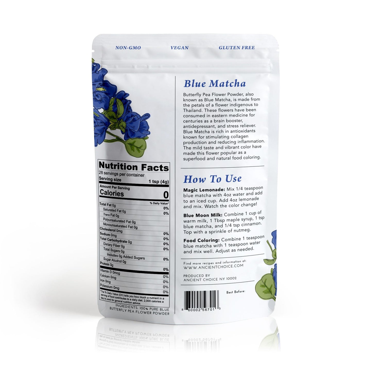 Ancient Choice - Butterfly Pea Flower Powder (4 Ounce) | Blue Matcha Tea | Ceremonial (Highest) Grade | Adaptogenic Raw Culinary | Natural Food