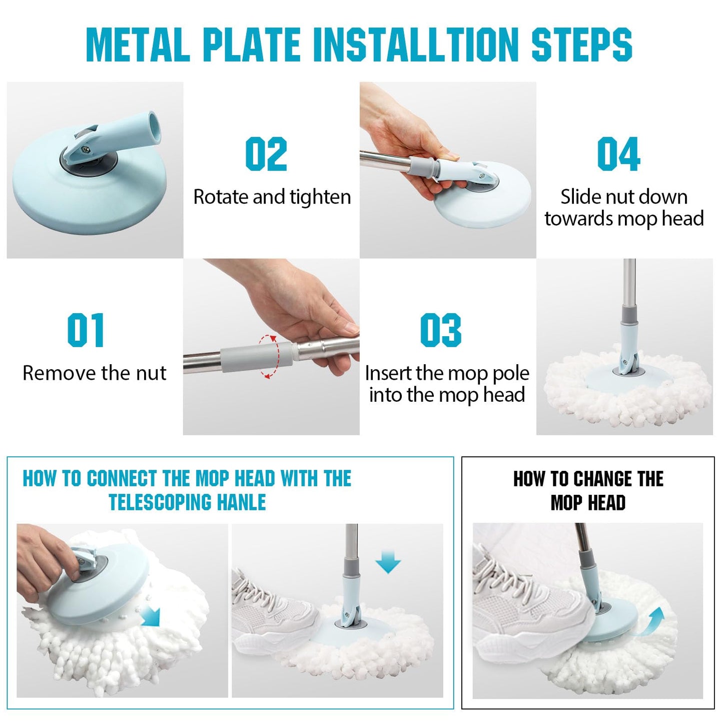 Spin Mop and Bucket with Wringer Set, 360° Spinning Mop Bucket System with 3 Microfiber Mop Replacement Heads and 50" Stainless Steel Adjustable