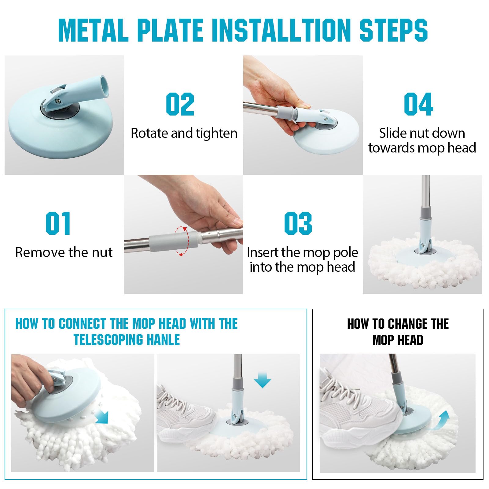 Spin Mop and Bucket with Wringer Set, 360° Spinning Mop Bucket System with 3 Microfiber Mop Replacement Heads and 50" Stainless Steel Adjustable