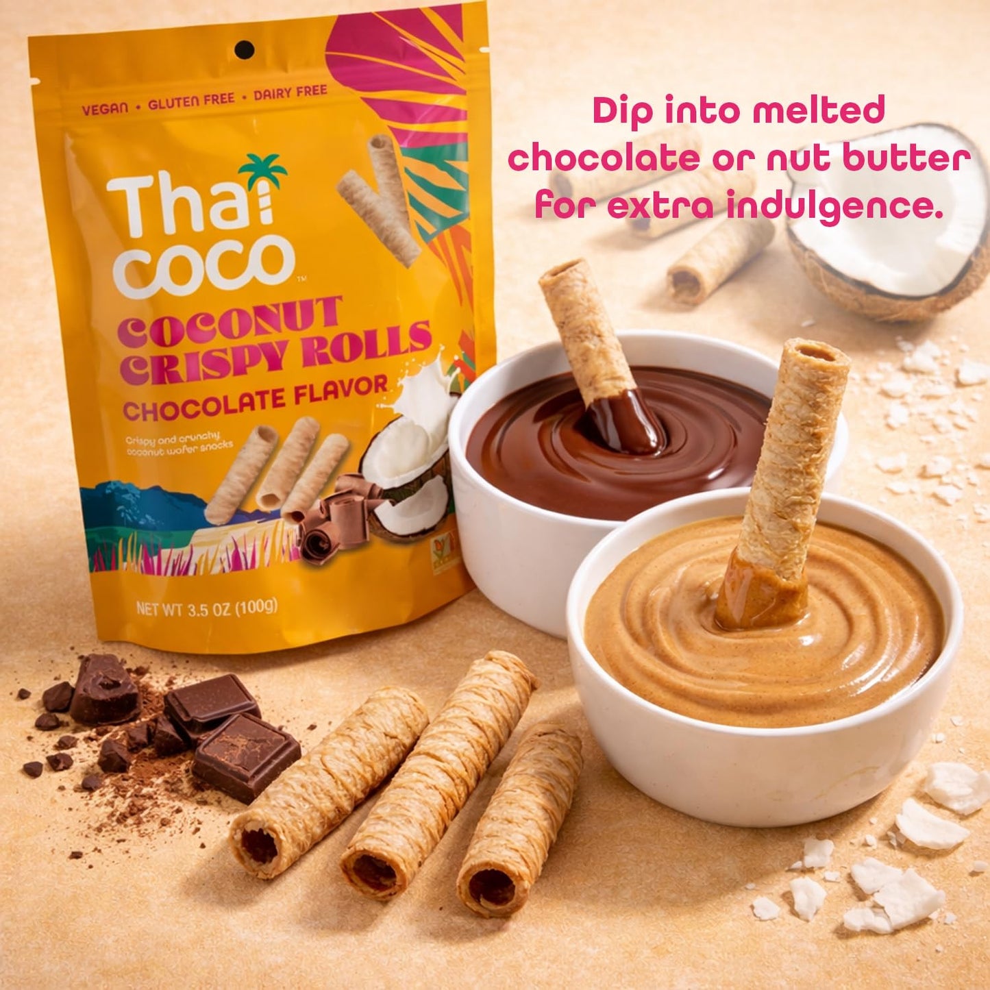 Thai Coco Chocolate Crispy Coconut Rolls 8 Bag (3.5 oz each) - Organic Tropical Snack, Vegan, Gluten-Free, Dairy-Free, Non-GMO, Light Fluffy Healthy