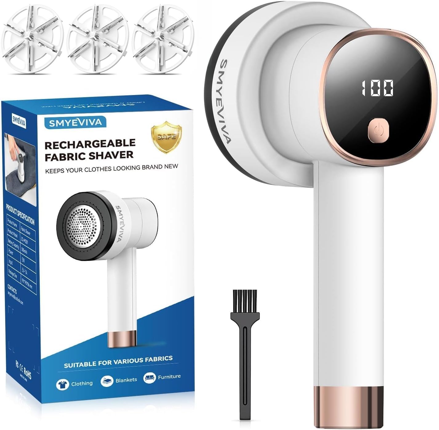 Smyeviva Rechargeable Fabric Shaver for Clothes: 6-Leaf Blades & 3 Speeds to Remove Pilling, Fuzz & Lint Balls - with LED Display, Portable Electric