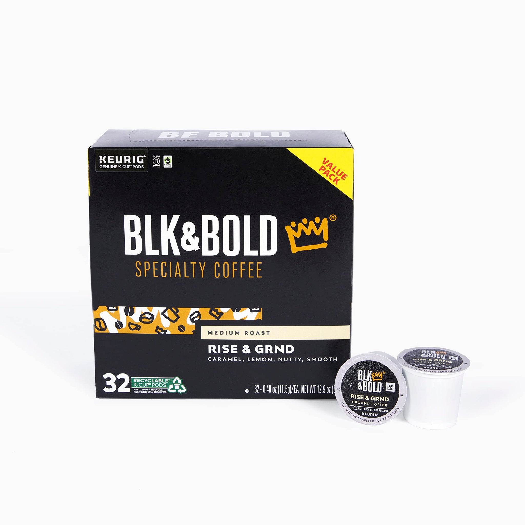 BLK & Bold Rise & GRND, Keurig Single Serve K-Cup Coffee Pods, Premium Medium Roast, 100% Arabica Beans, 32 Count
