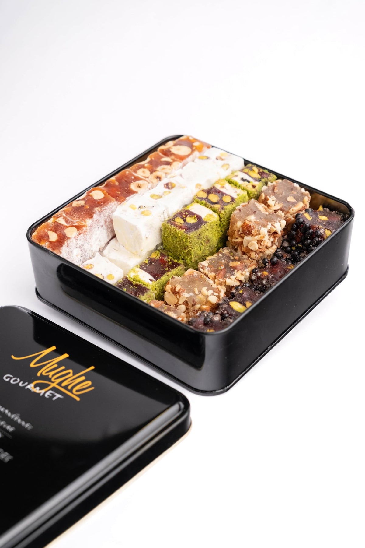 Mughe Gourmet Luxury Sultan Pistachio Turkish Delight Candy Elegant Gift Tin Box - Lokum Delights Orange, Hazelnut, Almonds - 2.2lb/1000g/54pc