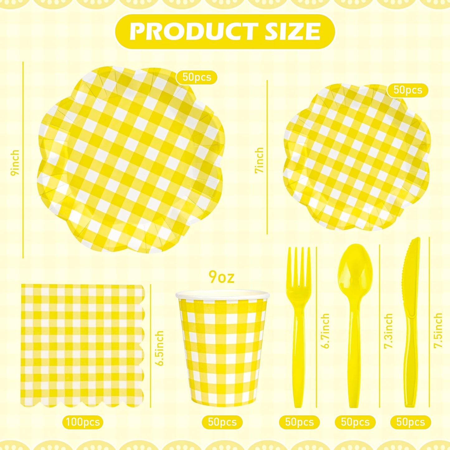 Houuqe 400 Pcs Gingham Party Supplies for 50 Guests Easter Party Yellow and White Scalloped Paper Plates and Napkins Knives Spoon Fork Cup Disposable