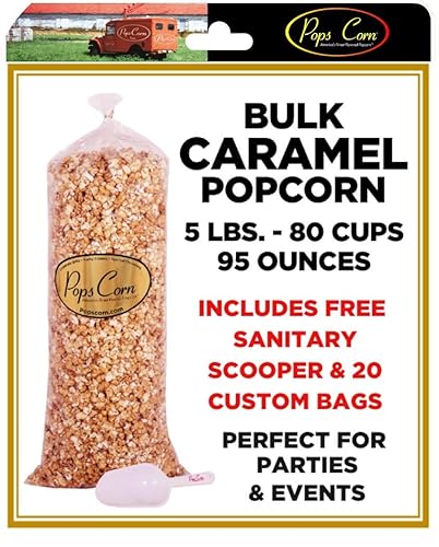 Pops Corn® Gourmet Caramel Popcorn - Bulk 5 Gallon Bag (Serves 20) - Freshly Popped, Gooey Caramel Made with Real Butter - Perfect for Parties