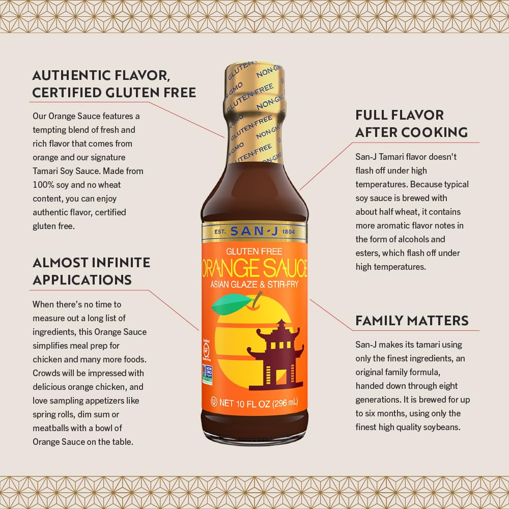 San-J - Spice of Life Variety Pack- Teriyaki, Orange Sauce, Szechuan, Thai Peanut - All Gluten Free Cooking Sauces - Non-GMO - 10 oz. Bottles - 4 Pack
