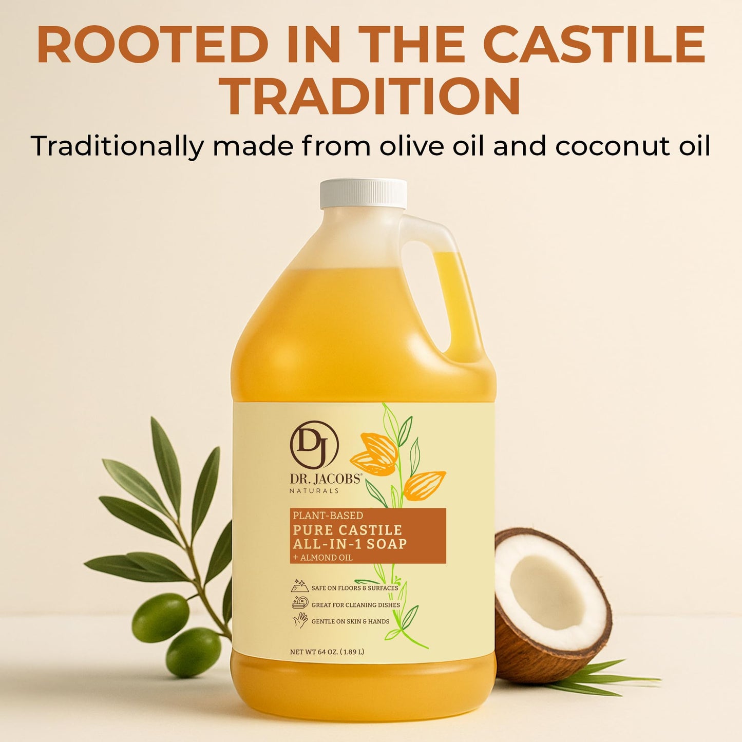 Dr. Jacobs Naturals Pure Castile Soap, 64 oz Value Size - Almond - Made in USA - All-in-One Plant-Based Multipurpose Cleaner for Floors, Counters