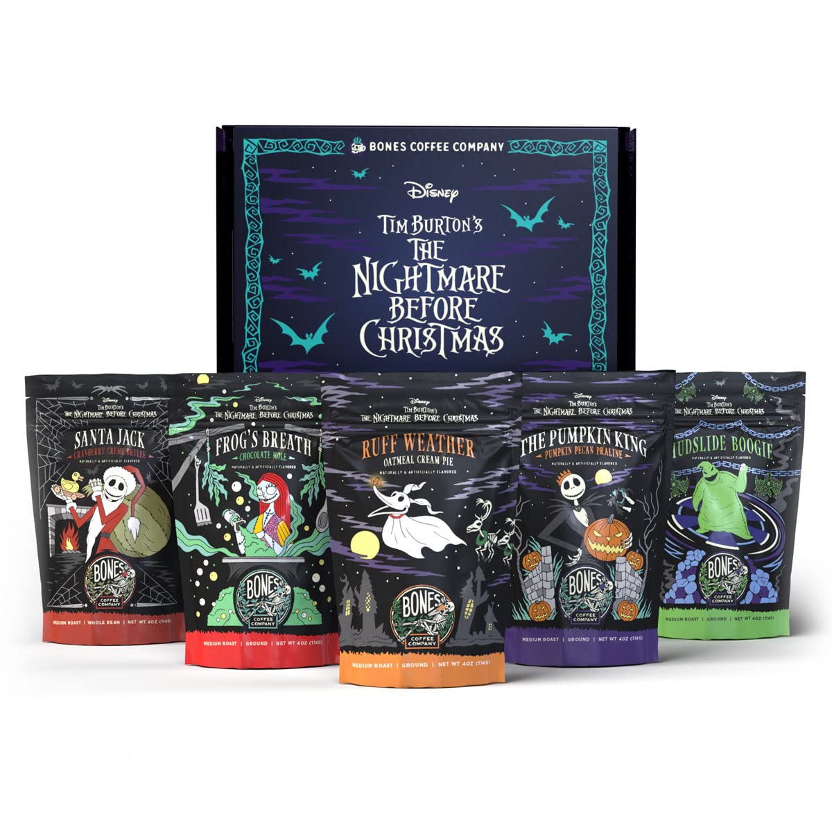 Bones Coffee Company The Nightmare Before Christmas Collector's Box 5 Flavored Coffee Low Acid Medium Roast Arabica Beans Specialty Coffee Gifts