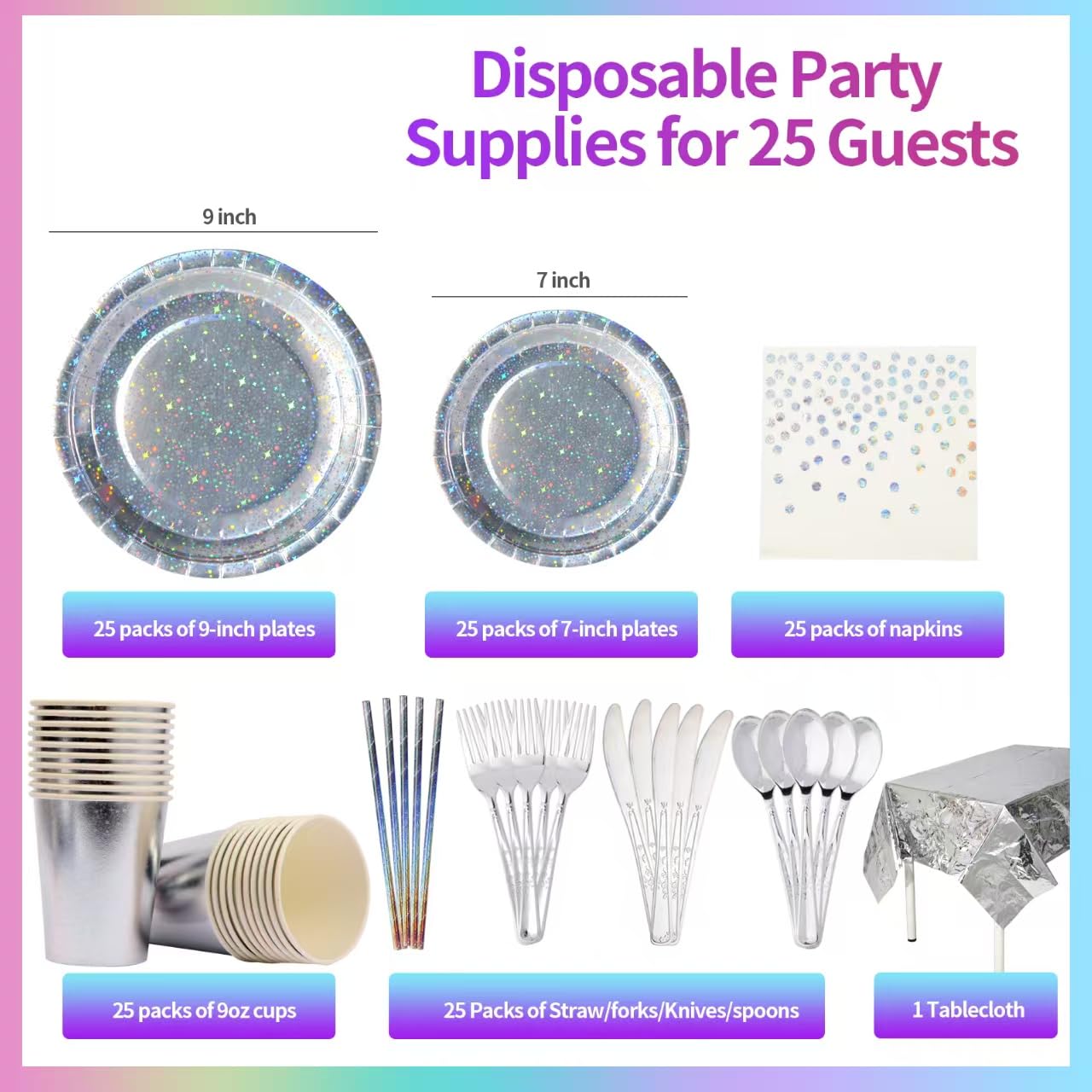 201-piece disposable party tableware set with paper plates, cups, napkins, straws, tablecloths, plastic knives, forks and spoons for a variety