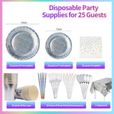 201-piece disposable party tableware set with paper plates, cups, napkins, straws, tablecloths, plastic knives, forks and spoons for a variety