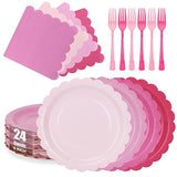 CENLBJ Pink Paper Plates and Napkins,Serves 24 Include Gradient 9 Inch Disposable Plates, Napkins, and Forks for Baby Shower, Wedding, Birthday