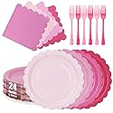 CENLBJ Pink Paper Plates and Napkins,Serves 24 Include Gradient 9 Inch Disposable Plates, Napkins, and Forks for Baby Shower, Wedding, Birthday