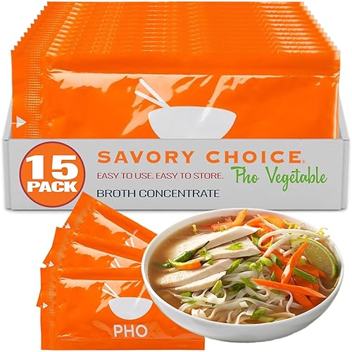 SAVORY CHOICE Pho Liquid Vegetable Broth Concentrate, 15 Packets (15g) - Vegan, Vegetarian, Gluten-Free, Diary-Free Broth Concentrate