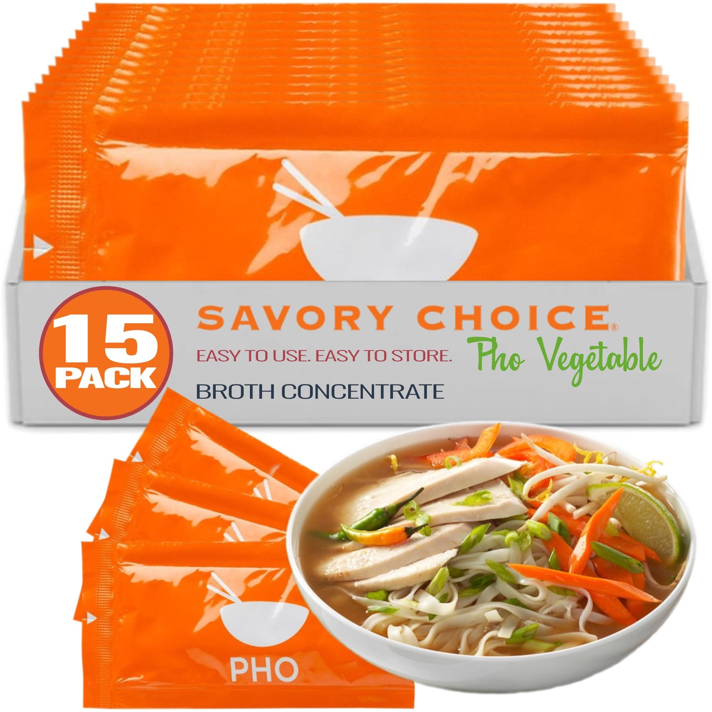 SAVORY CHOICE Pho Liquid Vegetable Broth Concentrate, 15 Packets (15g) - Vegan, Vegetarian, Gluten-Free, Diary-Free Broth Concentrate