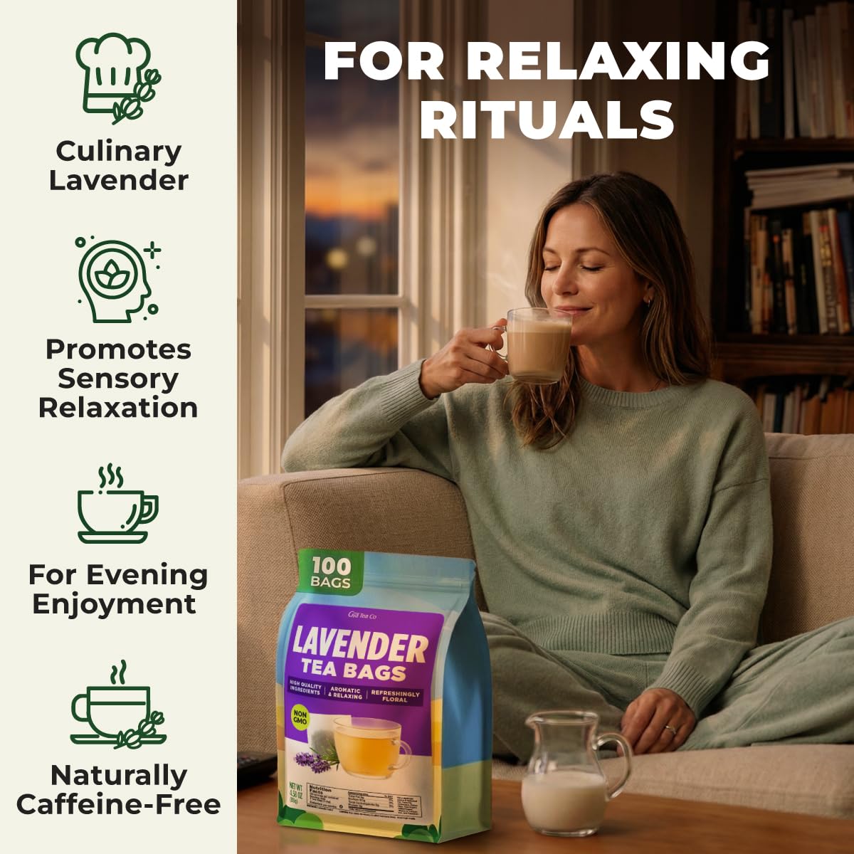 Gya Tea Co Lavender Herbal Tea Bags (100 Bags) - Caffeine Free Calming Pure Lavender Flowers For Relaxation & Wellness - Compostable, Resealable
