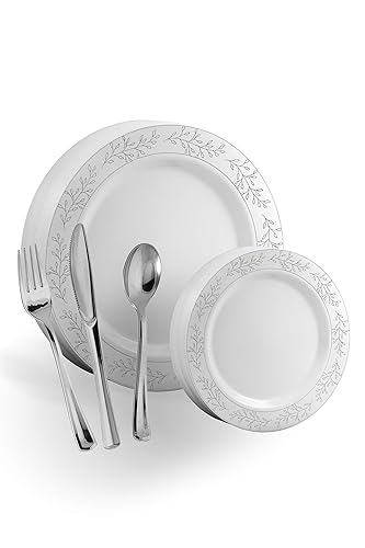 Exquisite 200 Pcs Heavyweight Disposable Plastic Plates and Cutlery Set Includes 40 Silver Leaf Trim Dinner Plates 40 Silver Dessert Plates and 40 Pcs
