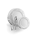 Exquisite 200 Pcs Heavyweight Disposable Plastic Plates and Cutlery Set Includes 40 Silver Leaf Trim Dinner Plates 40 Silver Dessert Plates and 40 Pcs