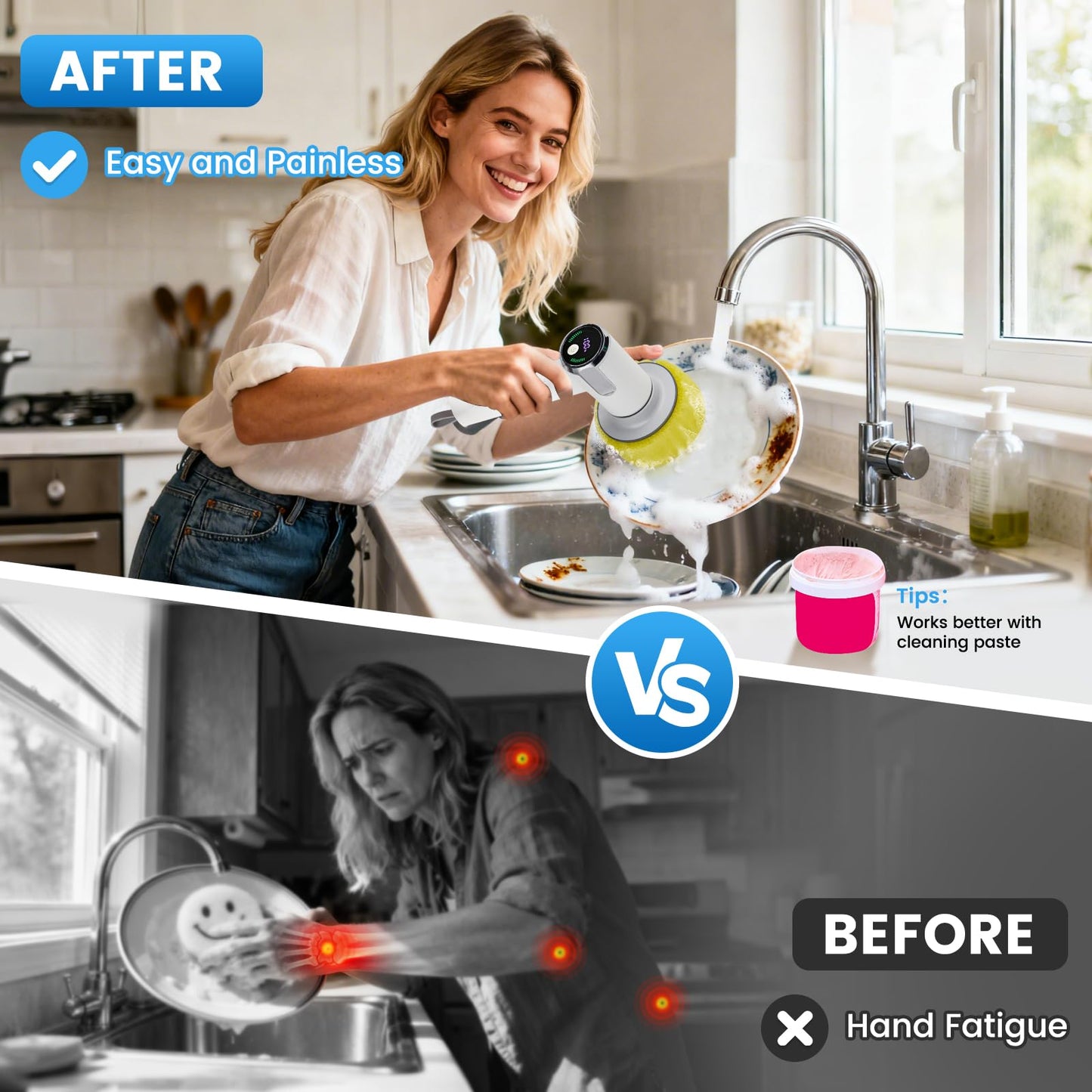 Electric Spin Scrubber for Scrub Daddy/Mommy, Goldusk 2-Speed Power Cleaning Brush with Digital Display 4 Replacement Brush Heads, Smiley Sponge Wand