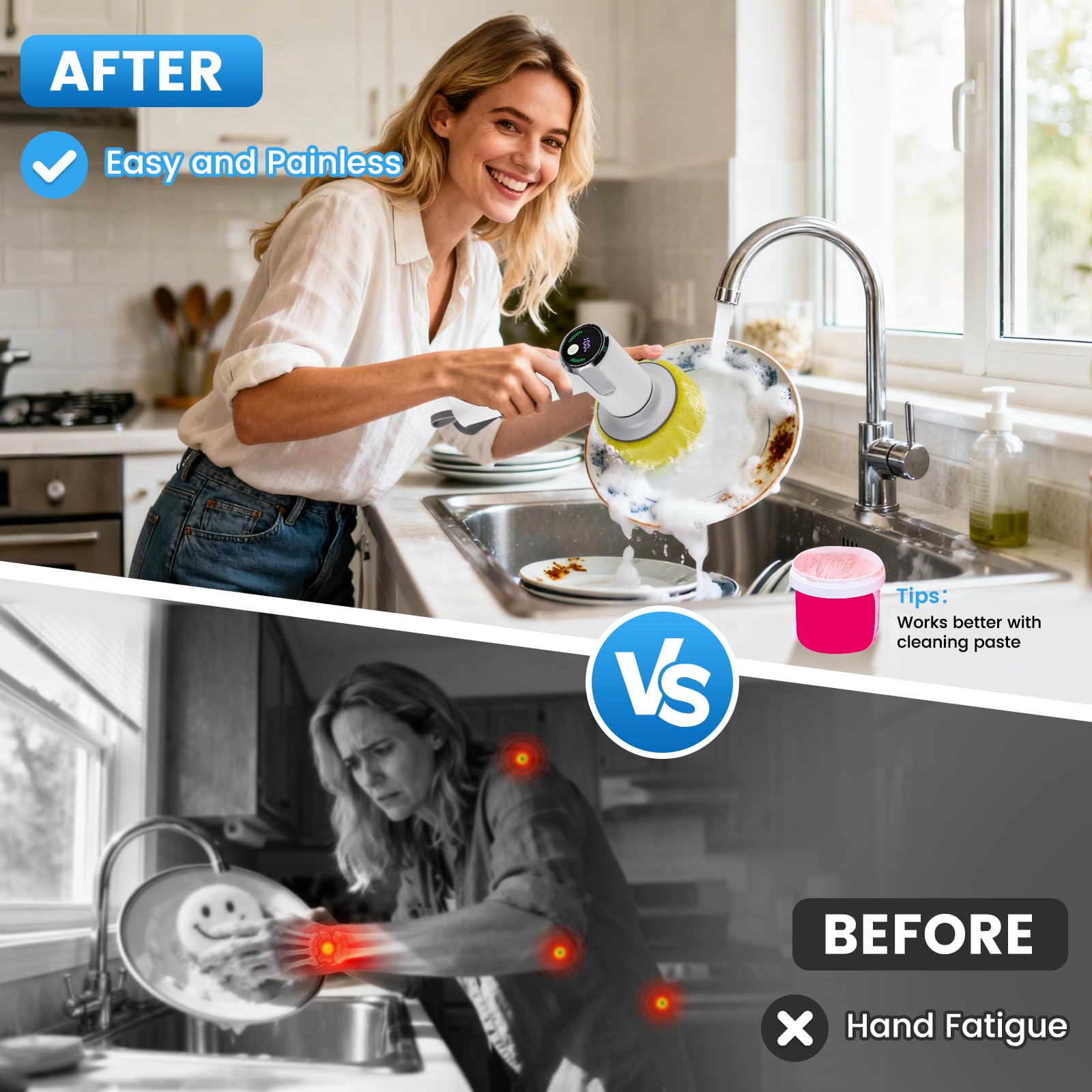 Electric Spin Scrubber for Scrub Daddy/Mommy, Goldusk 2-Speed Power Cleaning Brush with Digital Display 4 Replacement Brush Heads, Smiley Sponge Wand
