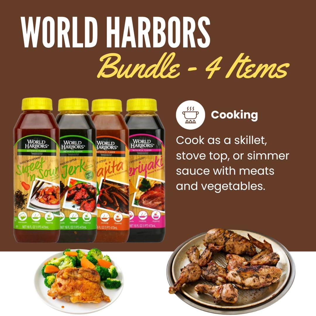 Bundle - 4 Items: World Harbors Marinade Sauces - Mexican Style Fajita, Maui Mountain Teriyaki, Jamaican Style Jerk, Maui Mountain Sweet 'n Sour
