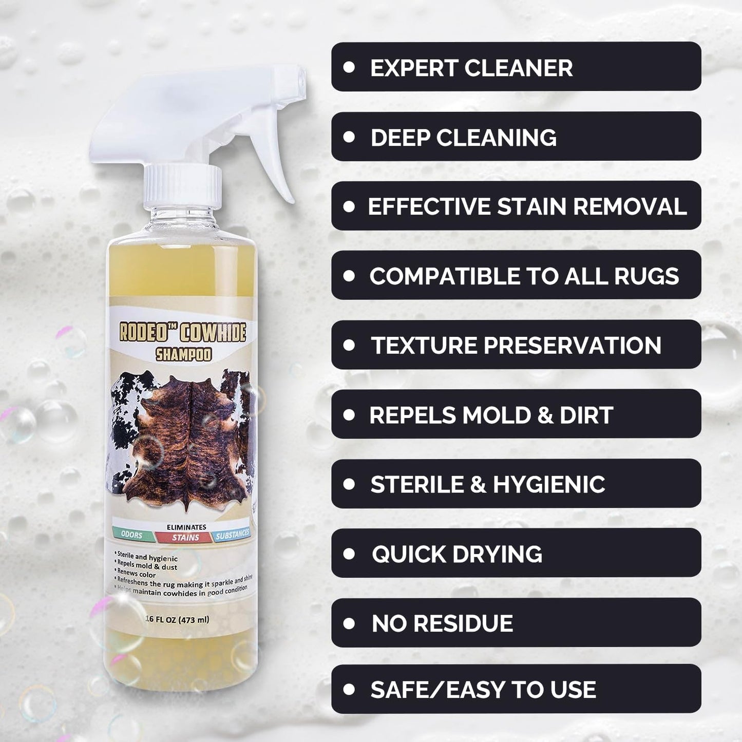rodeo Cowhide Rug/Carpet Cleaning Solution Shampoo - Cowhide Carpet Spot Cleaner & Rug Cleaner Solution - Deep Cleaning Carpet Cleaner for Hide Rugs