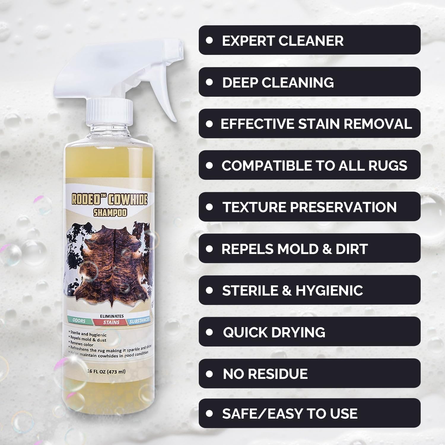 rodeo Cowhide Rug/Carpet Cleaning Solution Shampoo - Cowhide Carpet Spot Cleaner & Rug Cleaner Solution - Deep Cleaning Carpet Cleaner for Hide Rugs