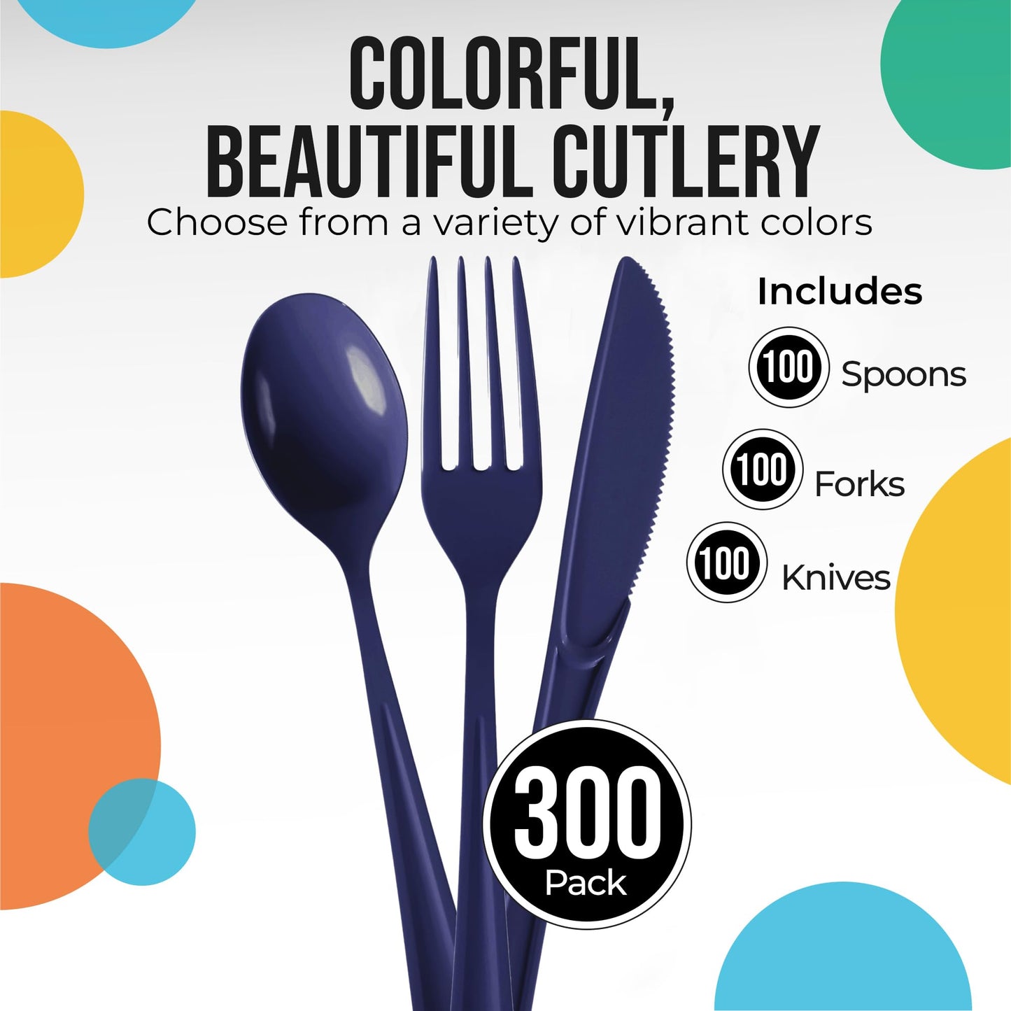 Party Solids Navy Plastic Silverware Heavy Duty 300 Pieces Navy Disposable Silverware Heavy Duty, Utensil Sets, 100 Of Each Forks, Knives & Spoons