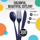 Party Solids Navy Plastic Silverware Heavy Duty 300 Pieces Navy Disposable Silverware Heavy Duty, Utensil Sets, 100 Of Each Forks, Knives & Spoons