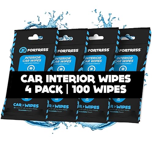 Fortress Car Interior Wipes (25 ct, Pack of 4) for Car Interior Cleaning, Dashboard, Seats, Detailing, and Steering Wheel [Travel Size] Skin-Safe Car