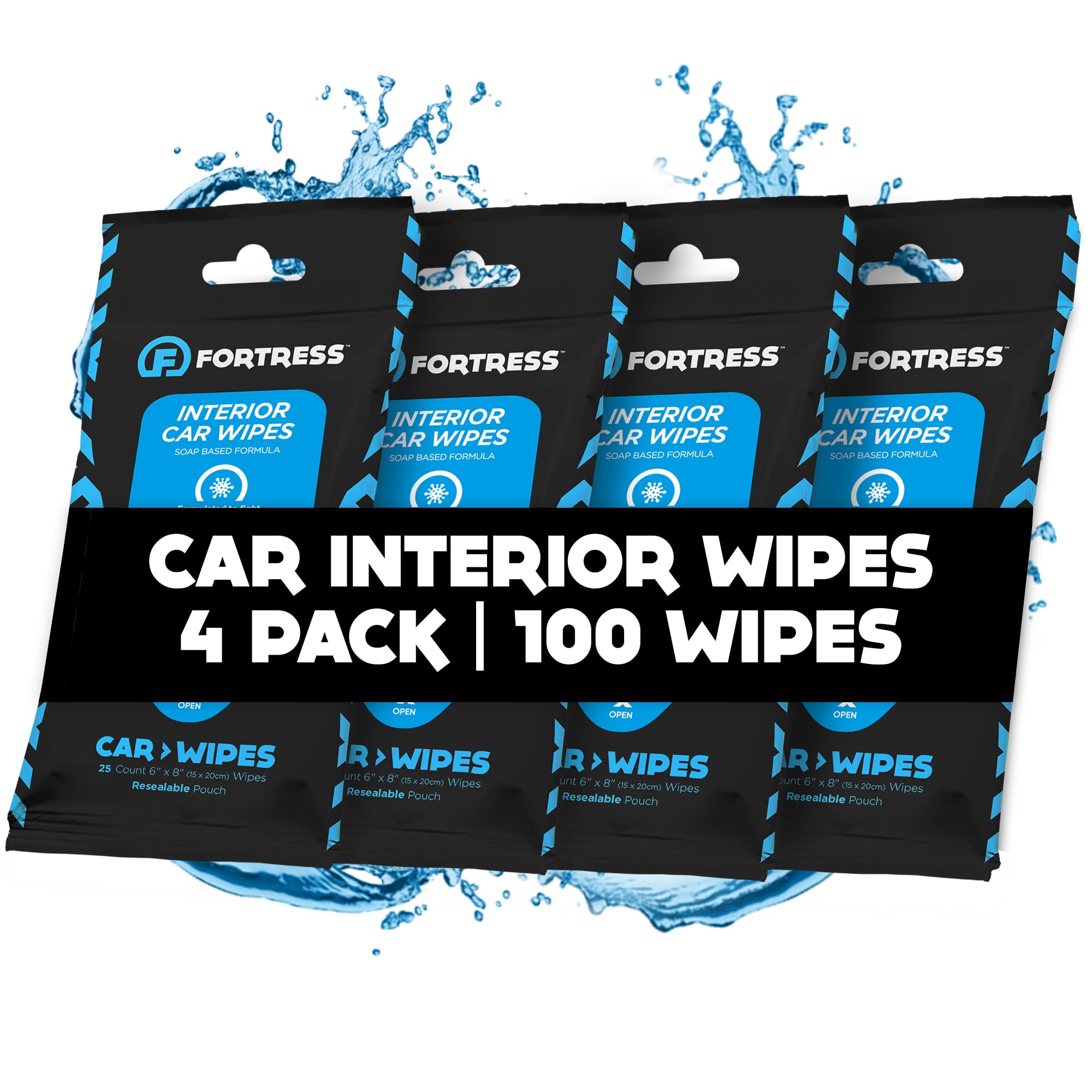 Fortress Car Interior Wipes (25 ct, Pack of 4) for Car Interior Cleaning, Dashboard, Seats, Detailing, and Steering Wheel [Travel Size] Skin-Safe Car