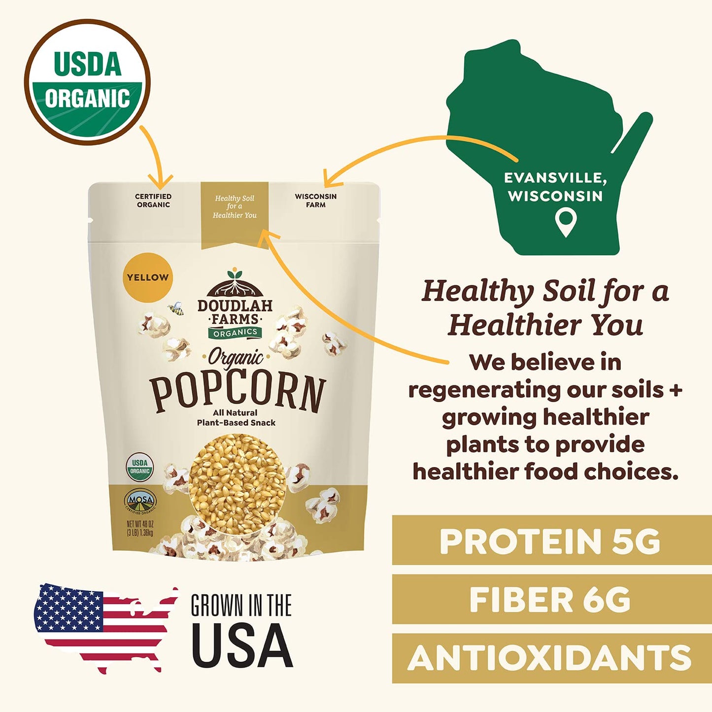 Organic Yellow Popcorn Kernels Unpopped 3 lb - Healthy, Non-GMO, Gluten-Free, Unsalted, Pesticide-Free, Chemical-Free, Glyphosate-Free, Grown in