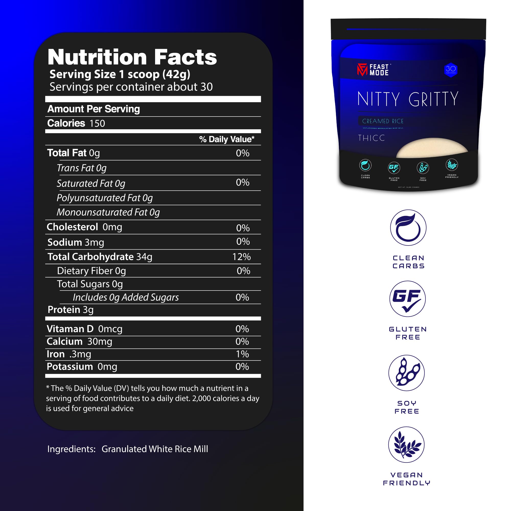 Nitty Gritty Creamed Rice Cereal by Feast Mode Flavors | Thicc Style | 3 Pound Bag | 30 servings count | Unflavored granulated white rice | Clean