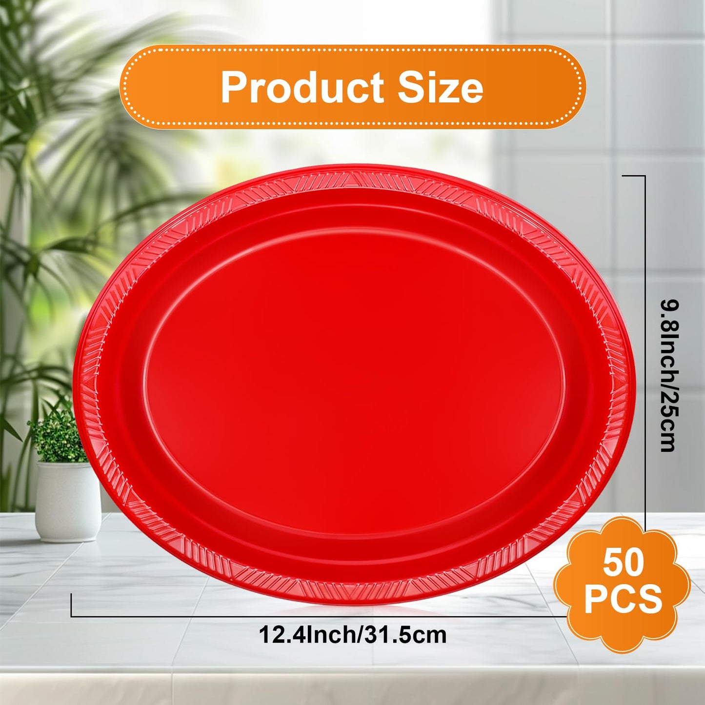 Gabotrie 50 PCS Disposable Red Plates, 9.8" x 12.4" Oval Red Plastic Plates, Heavy Duty Plate Bulk, Large Oval Plastic Plate for Party Dinner Birthday