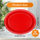 Gabotrie 50 PCS Disposable Red Plates, 9.8" x 12.4" Oval Red Plastic Plates, Heavy Duty Plate Bulk, Large Oval Plastic Plate for Party Dinner Birthday