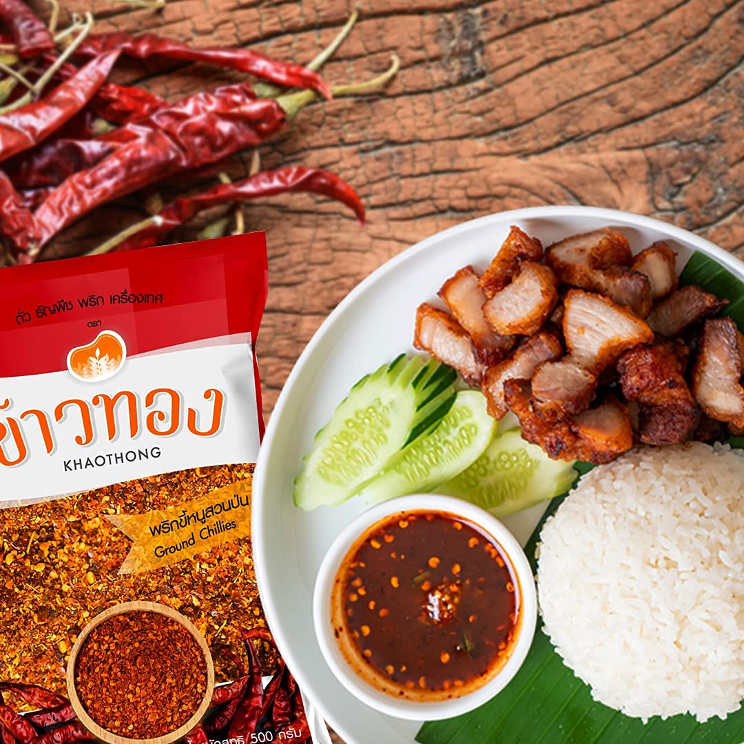 Khaothong Thai Ground Chili Pepper, Crushed Thai chili peppers, Ground red chili, Hot chili flakes, 100g (3.52 oz) Dried crushed chili seasonings