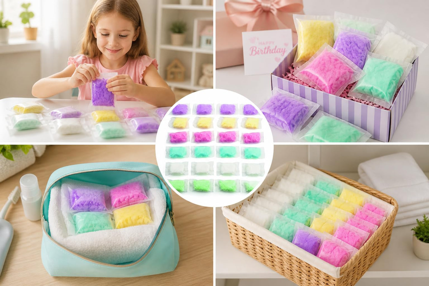 Fun Express Cotton Candy Bags Bulk 24 Pack - Pink Blue Purple Yellow White Green Individually Wrapped Party Favors for Baby Shower, Gender Reveal